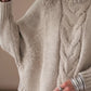 Beige cable-knit turtleneck sweater with ribbed cuffs and hem, plus size