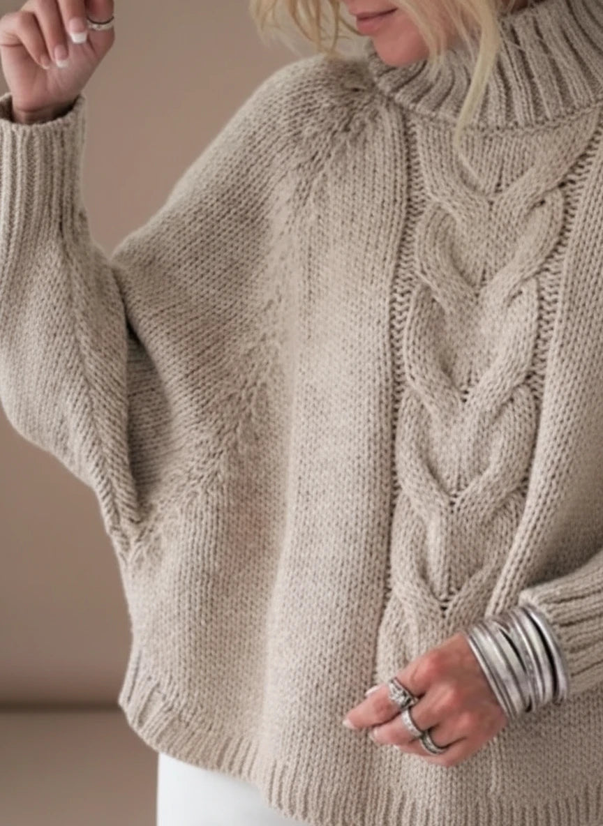 Beige cable-knit turtleneck sweater with ribbed cuffs and hem, plus size