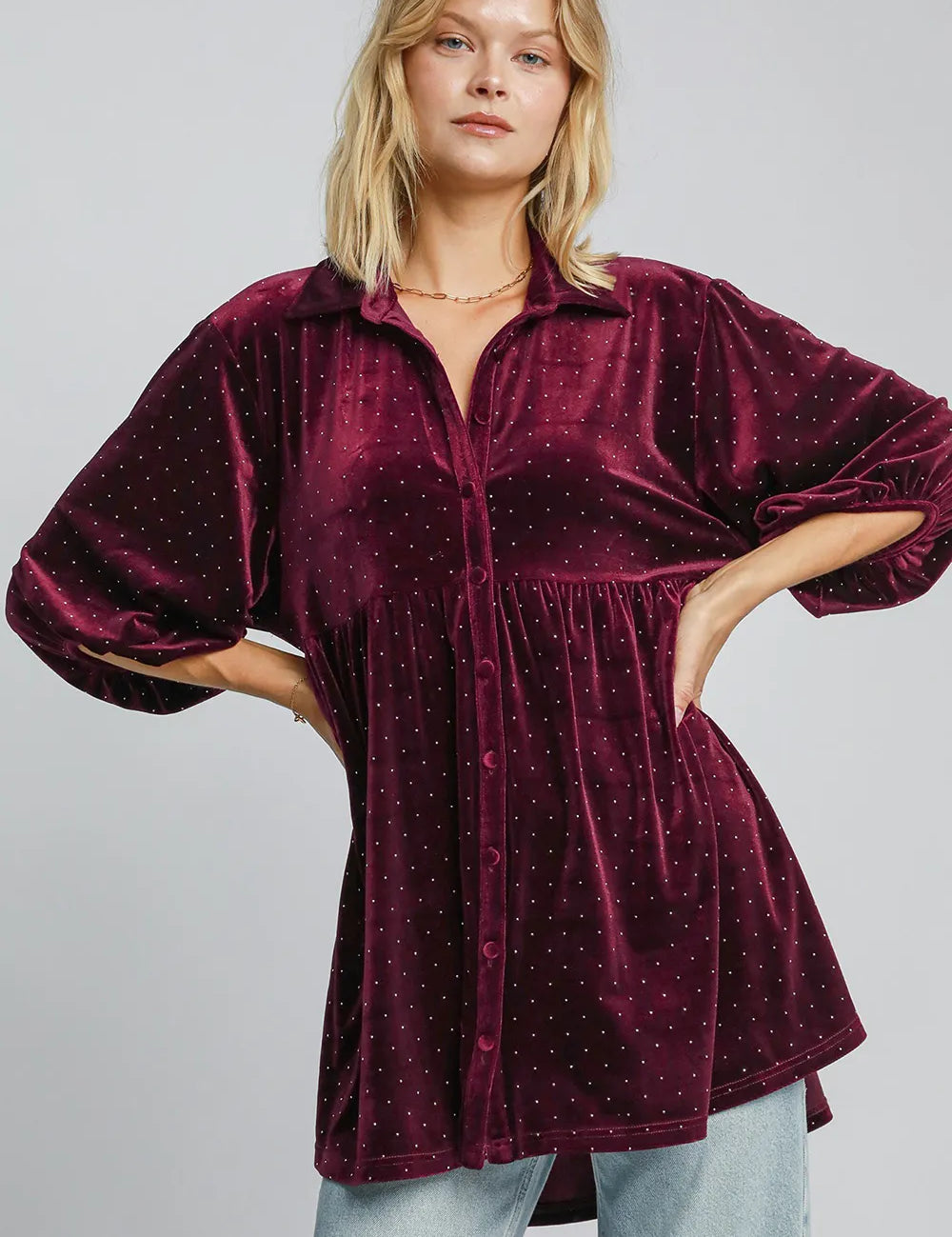 Burgundy Umgee Full Size Polka Dot Button Up Half Sleeve Shirt | Daverri Fashions