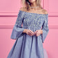 BiBi Smocked Off Shoulder Blue White Striped Dress with Bell Sleeves