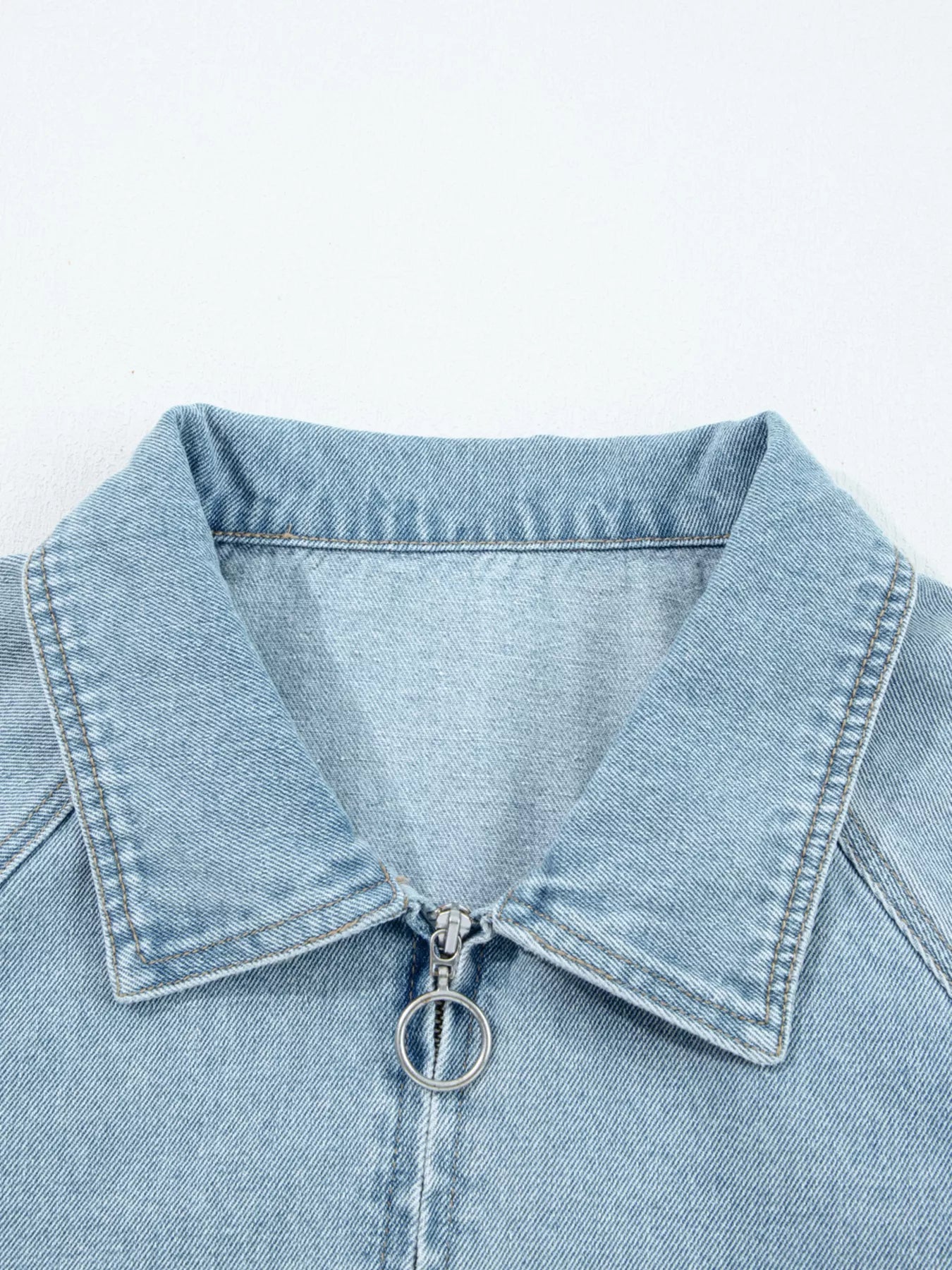 Elastic Edge Collared Zip Up Denim Jacket With Pocket | Denim Jackets Daverri Fashions