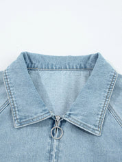 Elastic Edge Collared Zip Up Denim Jacket With Pocket | Denim Jackets Daverri Fashions