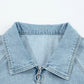 Elastic Edge Collared Zip Up Denim Jacket With Pocket - DAVERRI FASHIONS