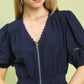 Navy blue Umgee zip-front smocked waist midi dress with puffed sleeves and lace v-neck trim