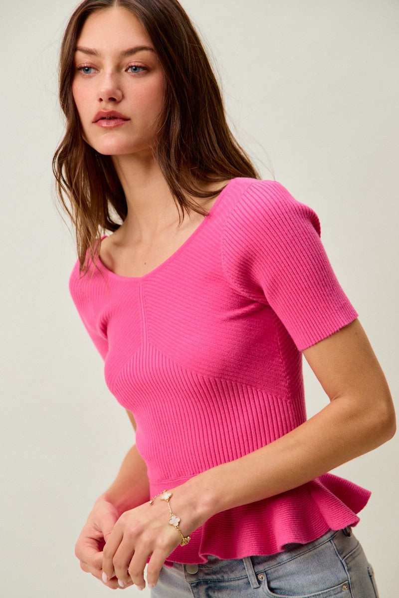 Vibrant pink SO ME ribbed knit short sleeve peplum sweater top