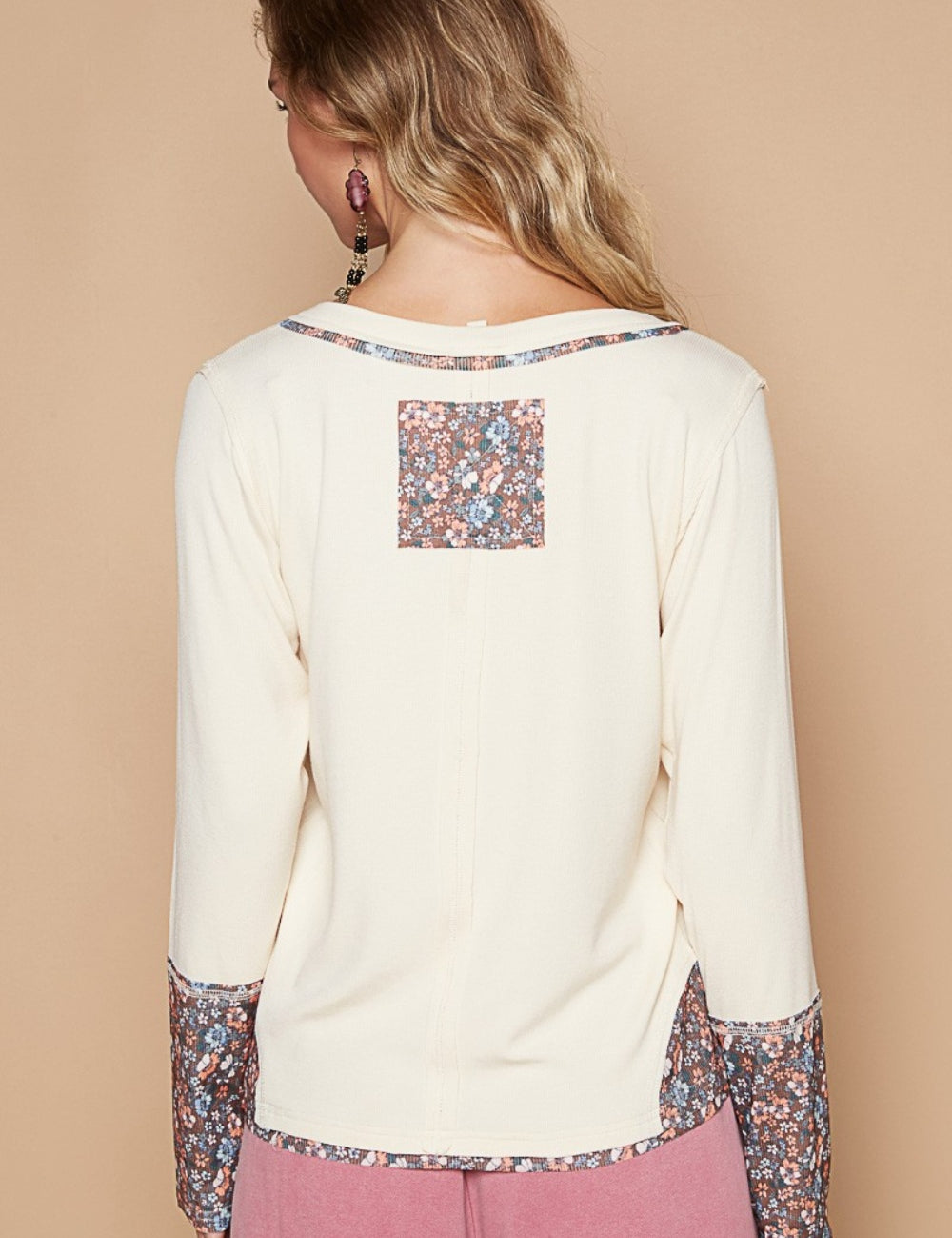 POL V-Neck Long Sleeve Floral Number Patch T-Shirt