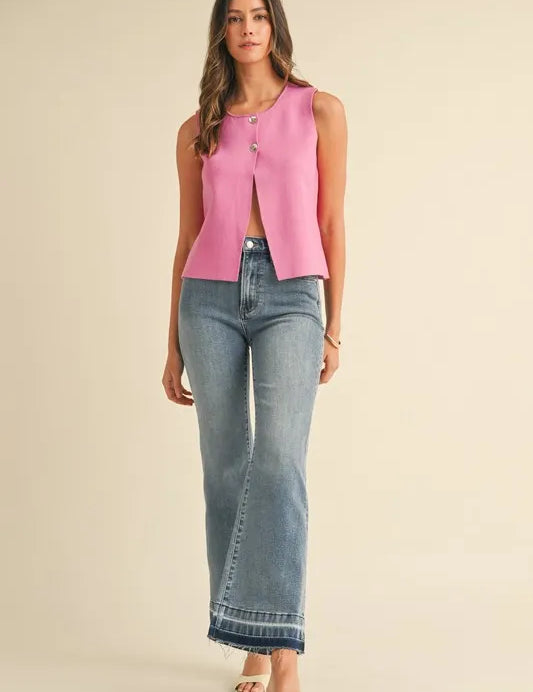 BUBBLEGUM Annie Wear Metal Button Detail Crop Sweater Vest | Sweaters Daverri Fashions