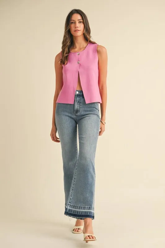 Annie Wear Metal Button Detail Crop Sweater Vest BUBBLEGUM