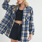 Aemi + Co Washed Plaid Button Up Raglan Sleeve Flannel Shirt Sky Blue