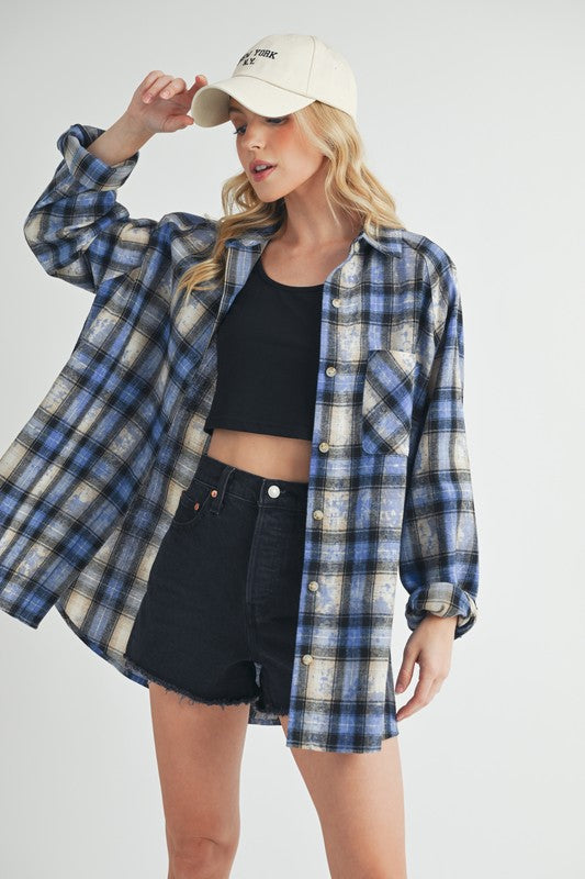 Aemi + Co Washed Plaid Button Up Raglan Sleeve Flannel Shirt Sky Blue