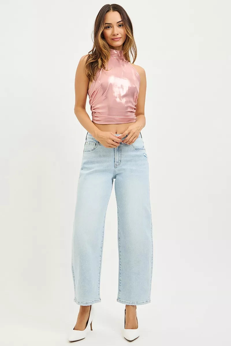 Shiny pink metallic halter top with RISEN High Rise Crop Barrel Jeans