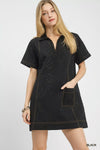 Black Umgee eyelet short-sleeve shift dress with polo collar and pocket