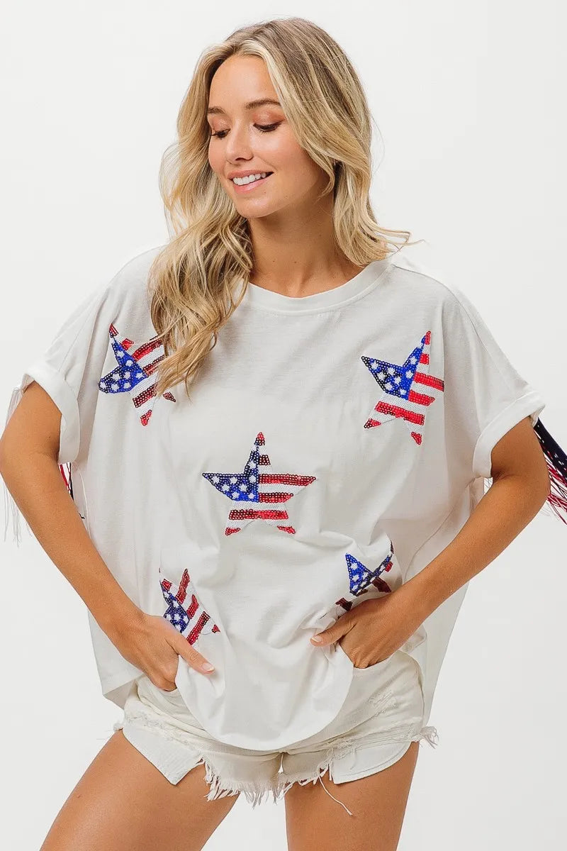 BiBi American Flag Sequin Star Fringe Top | Tops Daverri Fashions