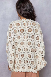 POL Openwork V-Neck Chenille Cardigan with Contrast Floral | Cardigans Daverri Fashions