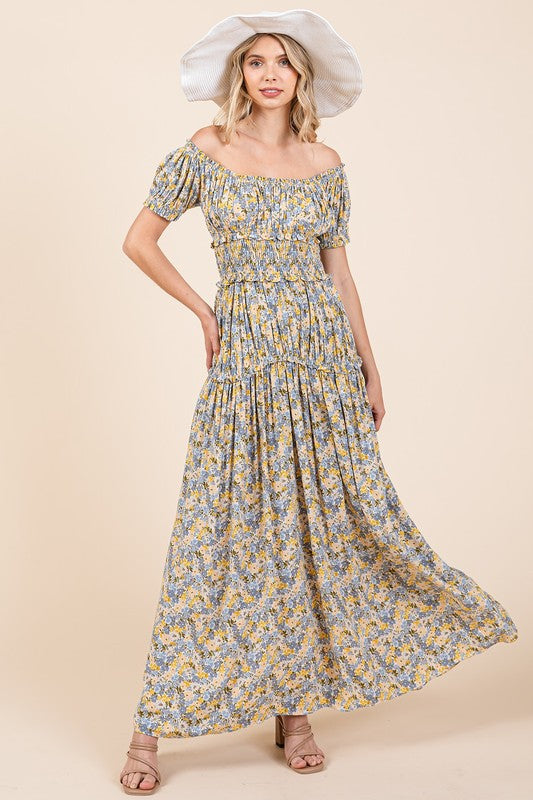 Mittoshop Flower Print Puff Sleeve Gathered Maxi Dress Light Blue