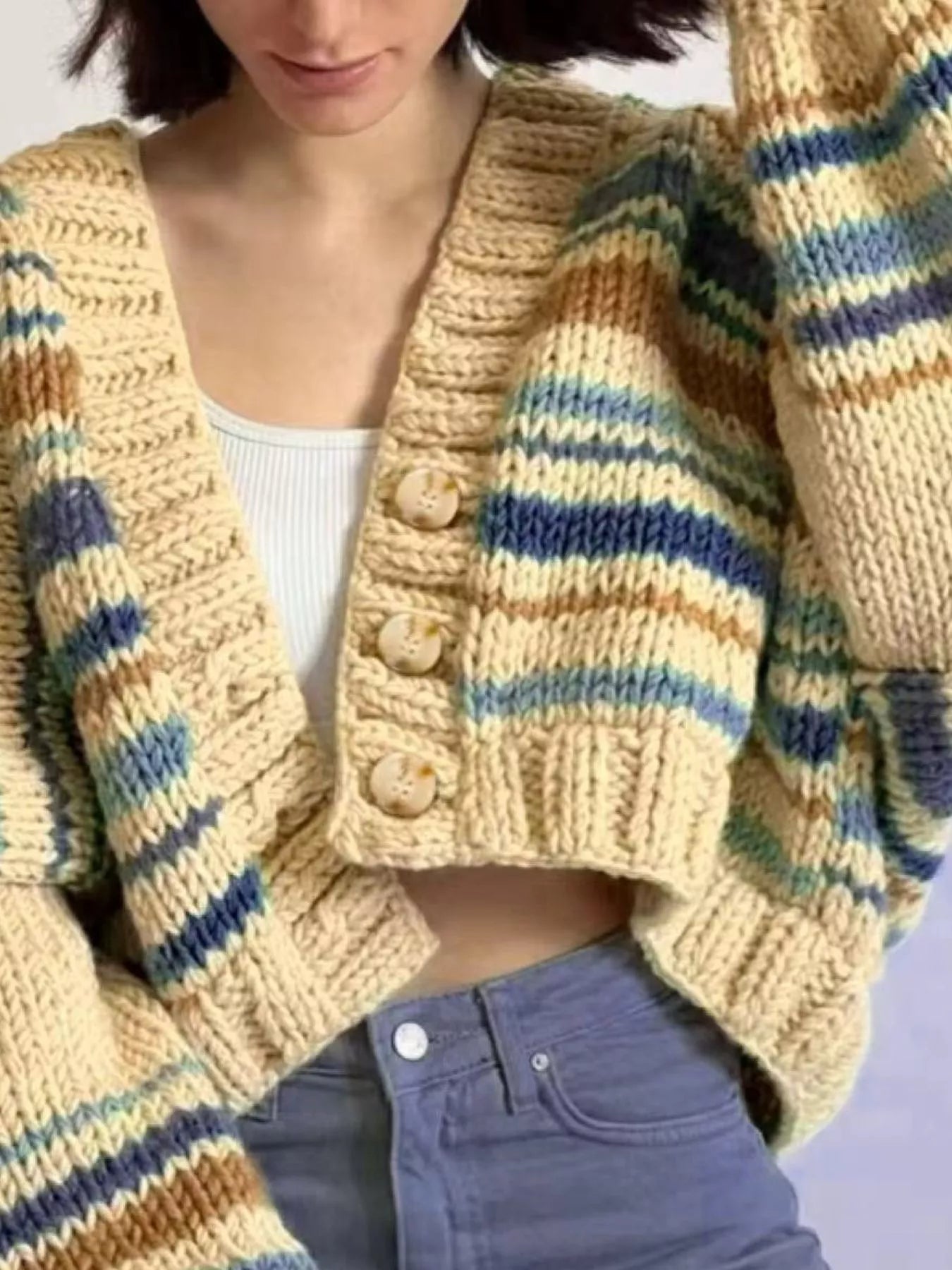 Cozy chunky knit striped cropped cardigan in cream, blue, brown