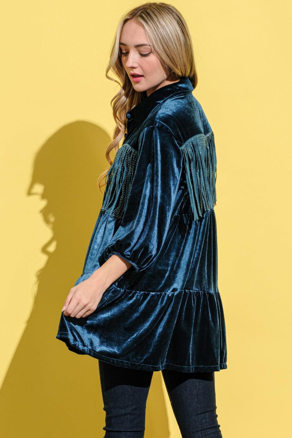 And The Why Fringe Detailed Velvet Shirt Dress | Daverri Fashions