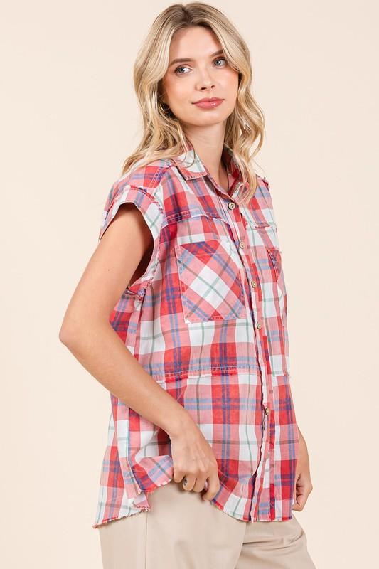 Mittoshop Mineral Wash Plaid Button Down Shirt - DAVERRI FASHIONS