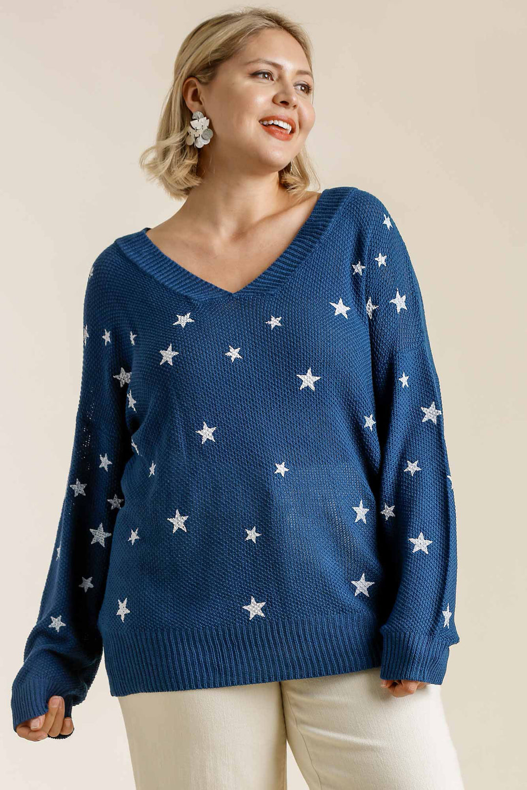 Umgee Full Size Star V-Neck Long Sleeve Sweater Sweaters