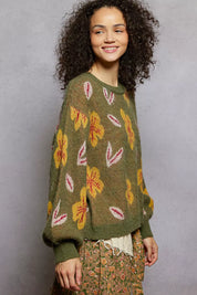 POL Floral Pattern Round Neck Balloon Sleeve Sweater | Sweaters Daverri Fashions