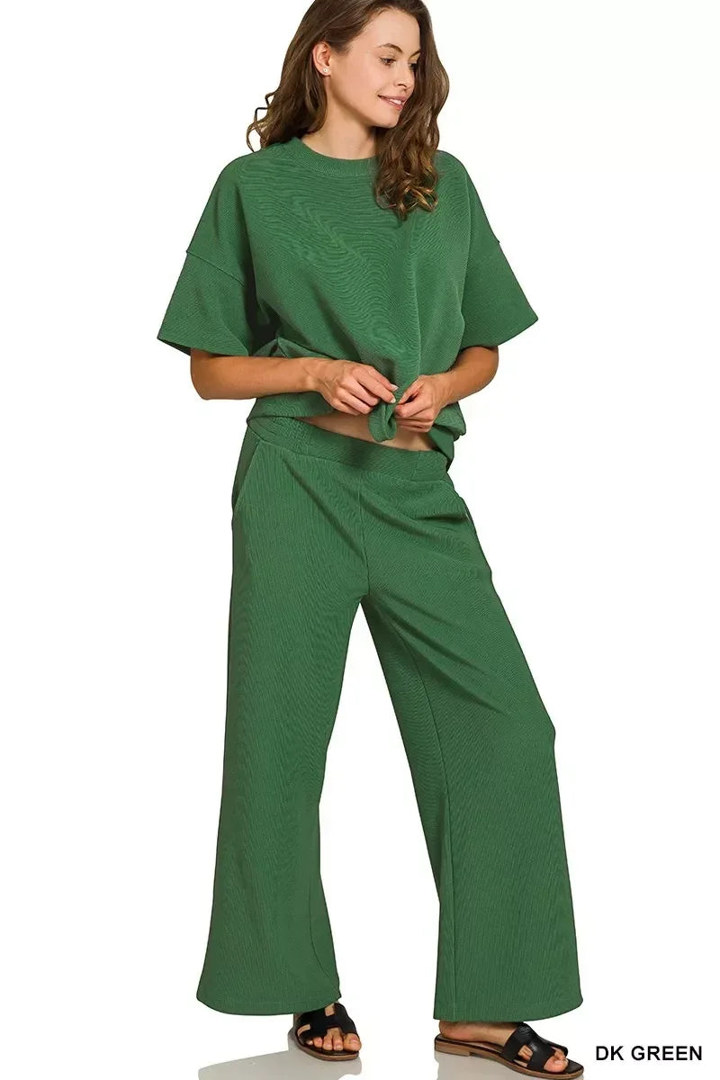 Zenana Ribbed Round Neck Tee & Pants Set - DAVERRI FASHIONS