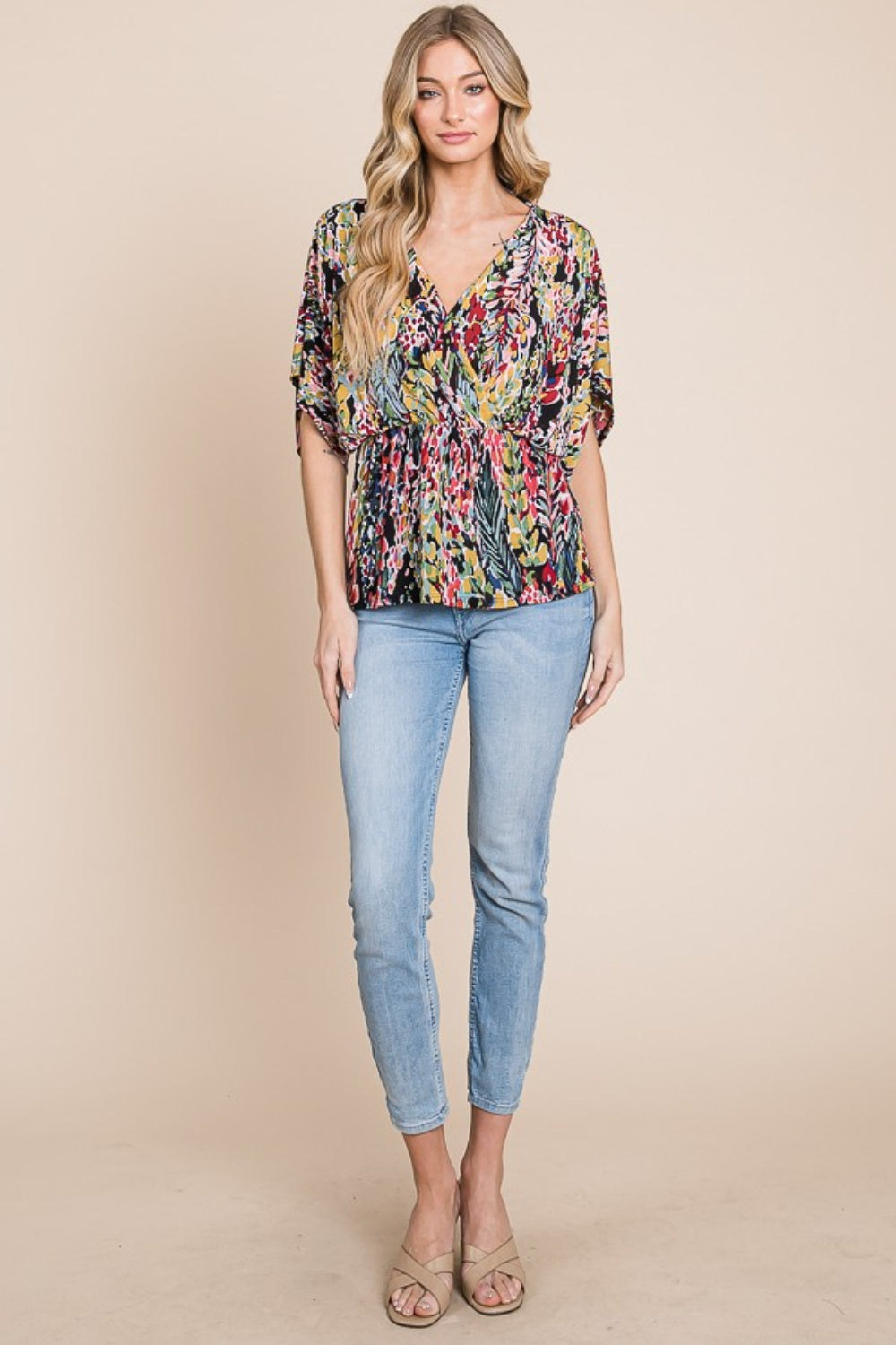 BOMBOM Printed Surplice Peplum Blouse | Daverri Fashions