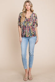 BOMBOM Printed Surplice Peplum Blouse | Daverri Fashions