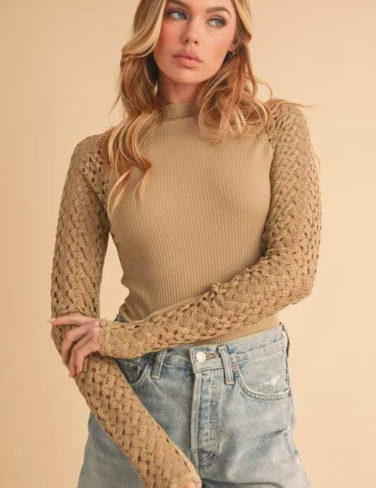 Tan Aemi+Co Mock Neck Ribbed Knit Top with Crochet Sleeve | Tops Daverri Fashions
