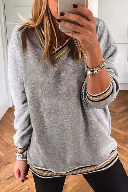 Casual V-Neck Striped Trim Pullover - DAVERRI FASHIONS