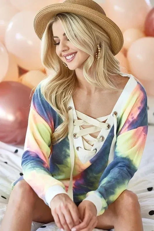 BiBi Tie Dye Deep V-Neck Top with Lace Up Front - DAVERRI FASHIONS