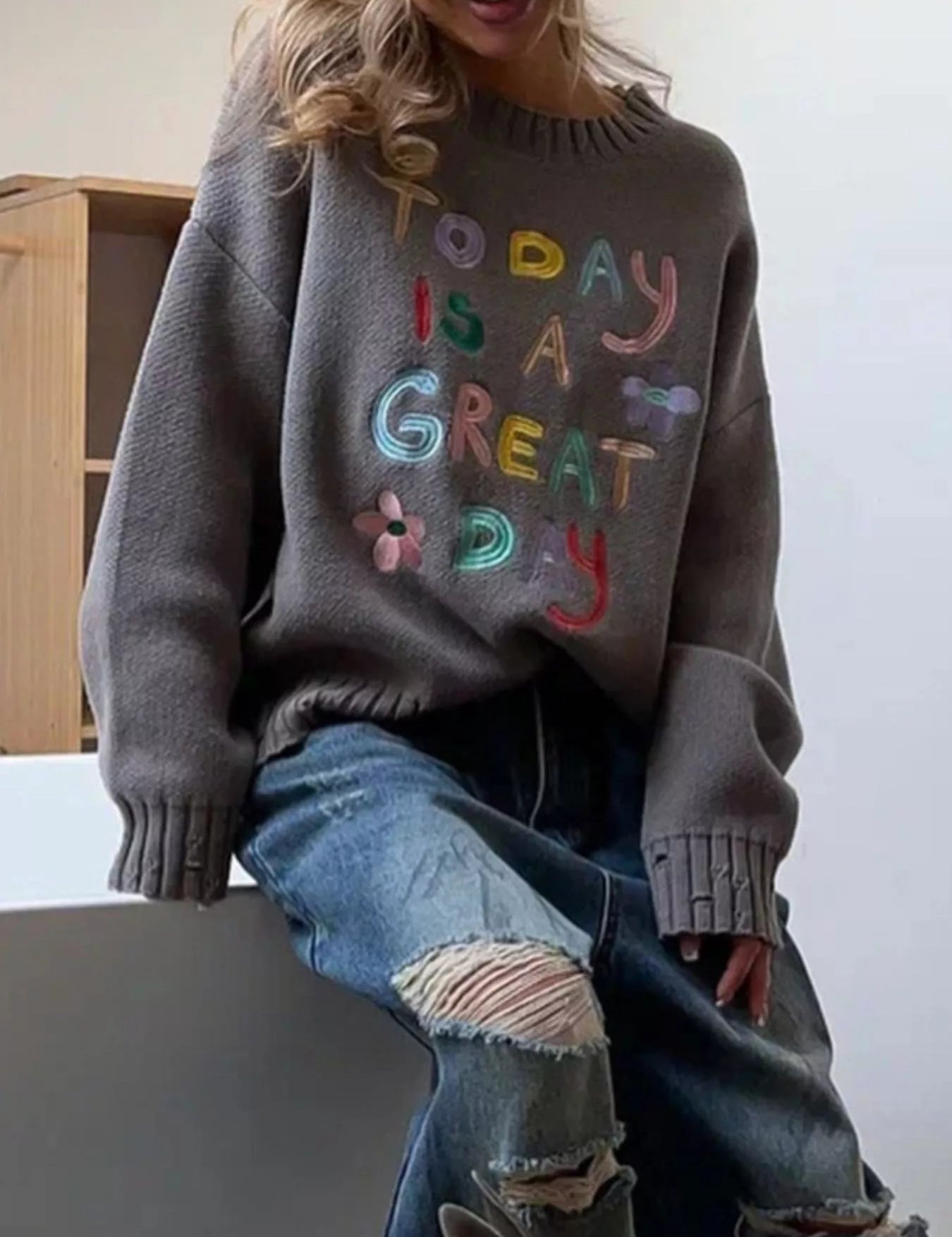 Embroidered 'Great Day' Dropped Shoulder Sweater | Sweaters Daverri Fashions