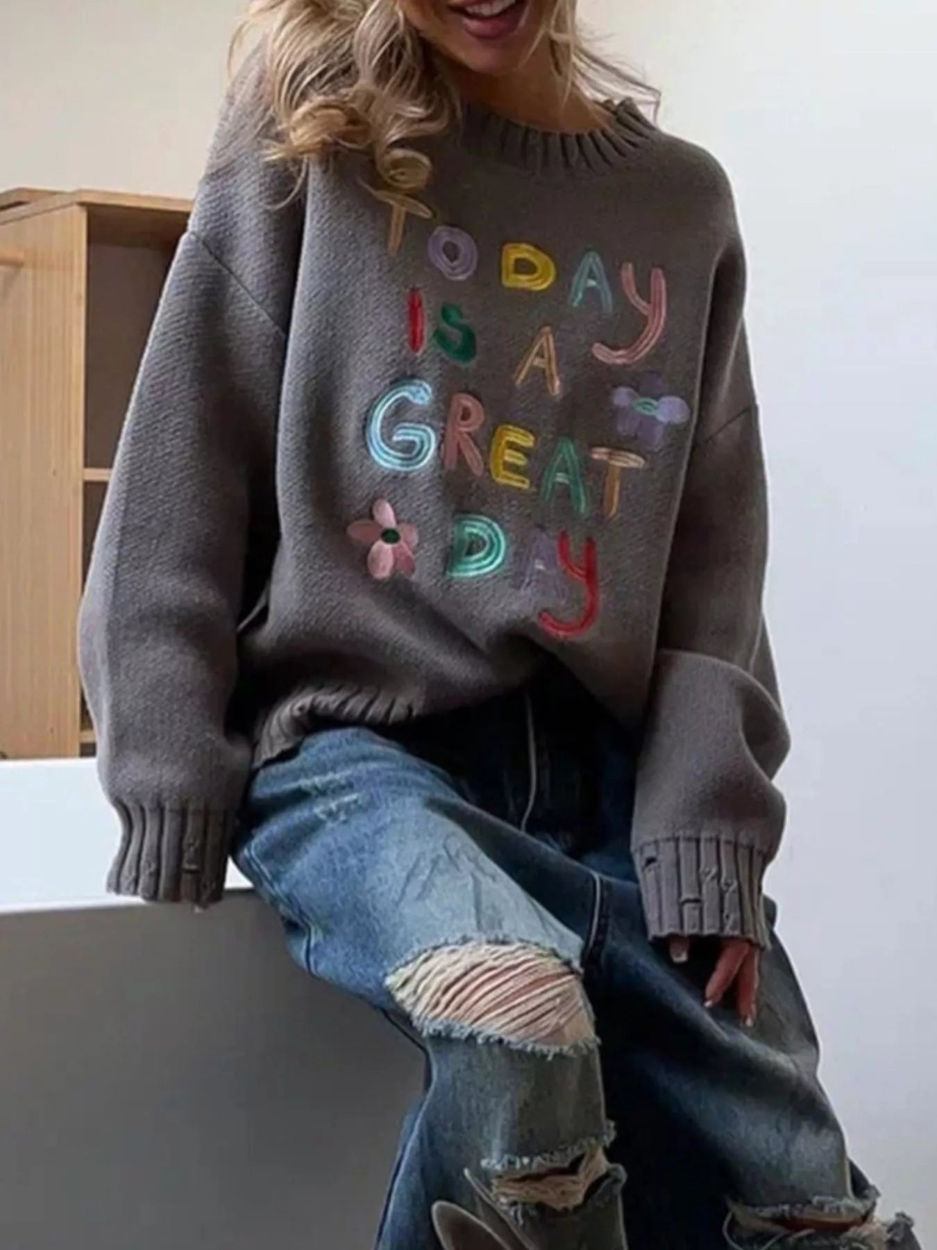 Embroidered 'Great Day' Dropped Shoulder Sweater | Sweaters Daverri Fashions