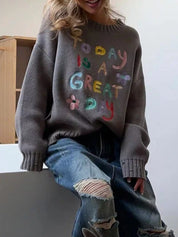 Embroidered 'Great Day' Dropped Shoulder Sweater | Sweaters Daverri Fashions