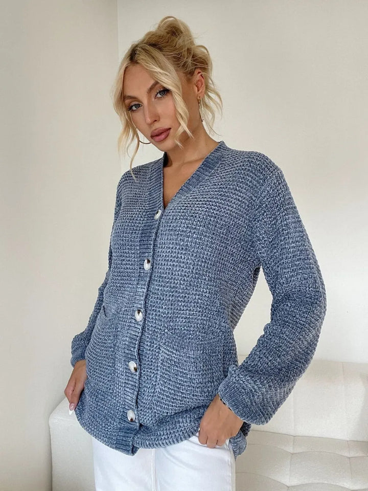 Dusty Blue One Size Pocketed V-Neck Button Up Cardigan | Cardigans Daverri Fashions