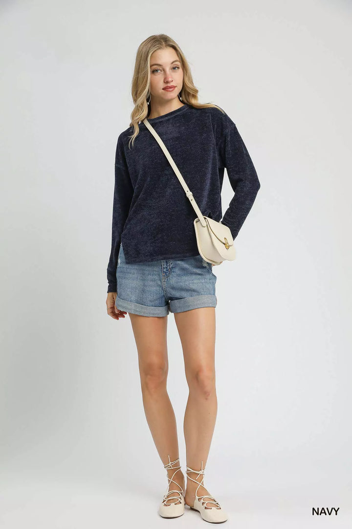 Umgee Round Neck Long Sleeve Side Slit Top | Knit Tops Daverri Fashions