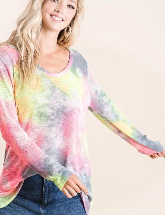 BiBi Tie Dye Print Low Gauge Knit Top | Knit Tops Daverri Fashions