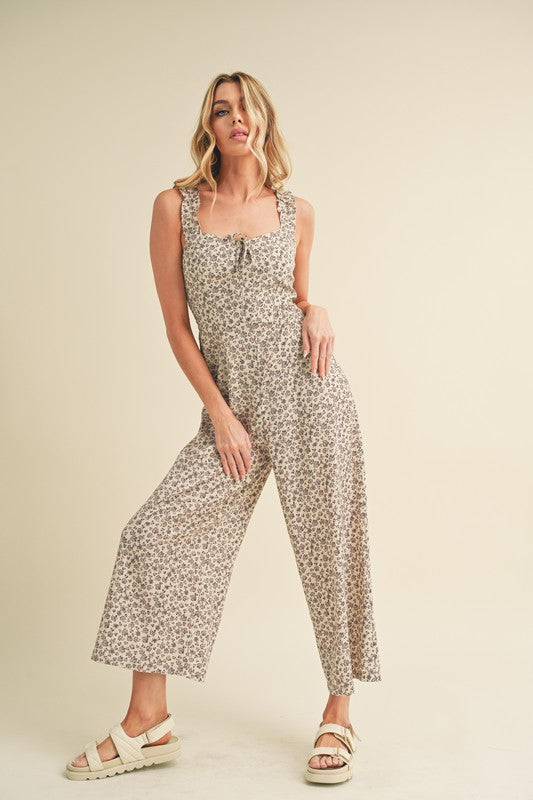 Aemi + Co Floral Sweetheart Neck Wide Leg Jumpsuit Ivory M Jumpsuits