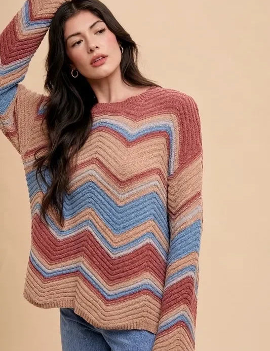 Annie Wear multicolored zigzag ribbed long-sleeve sweater