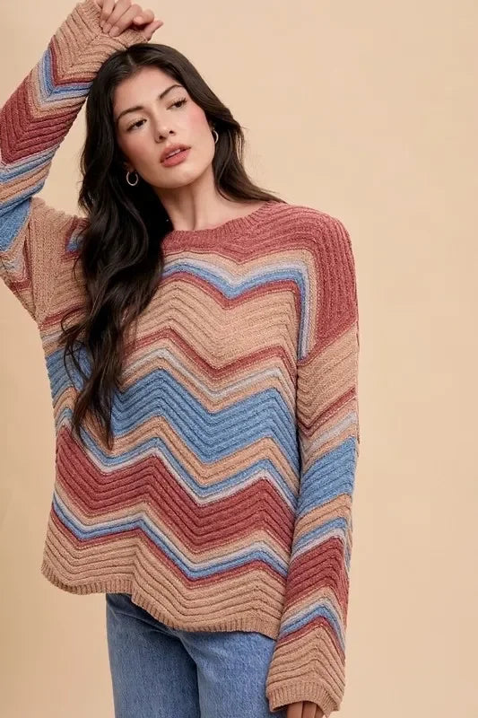 Annie Wear multicolored zigzag ribbed long-sleeve sweater