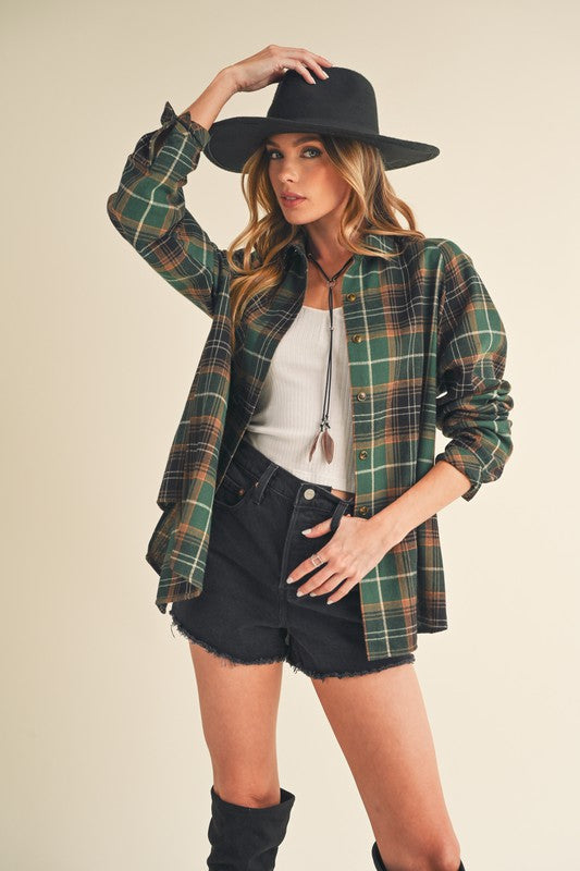 Aemi + Co Flannel Plaid Button Up Raglan Sleeve Shirt