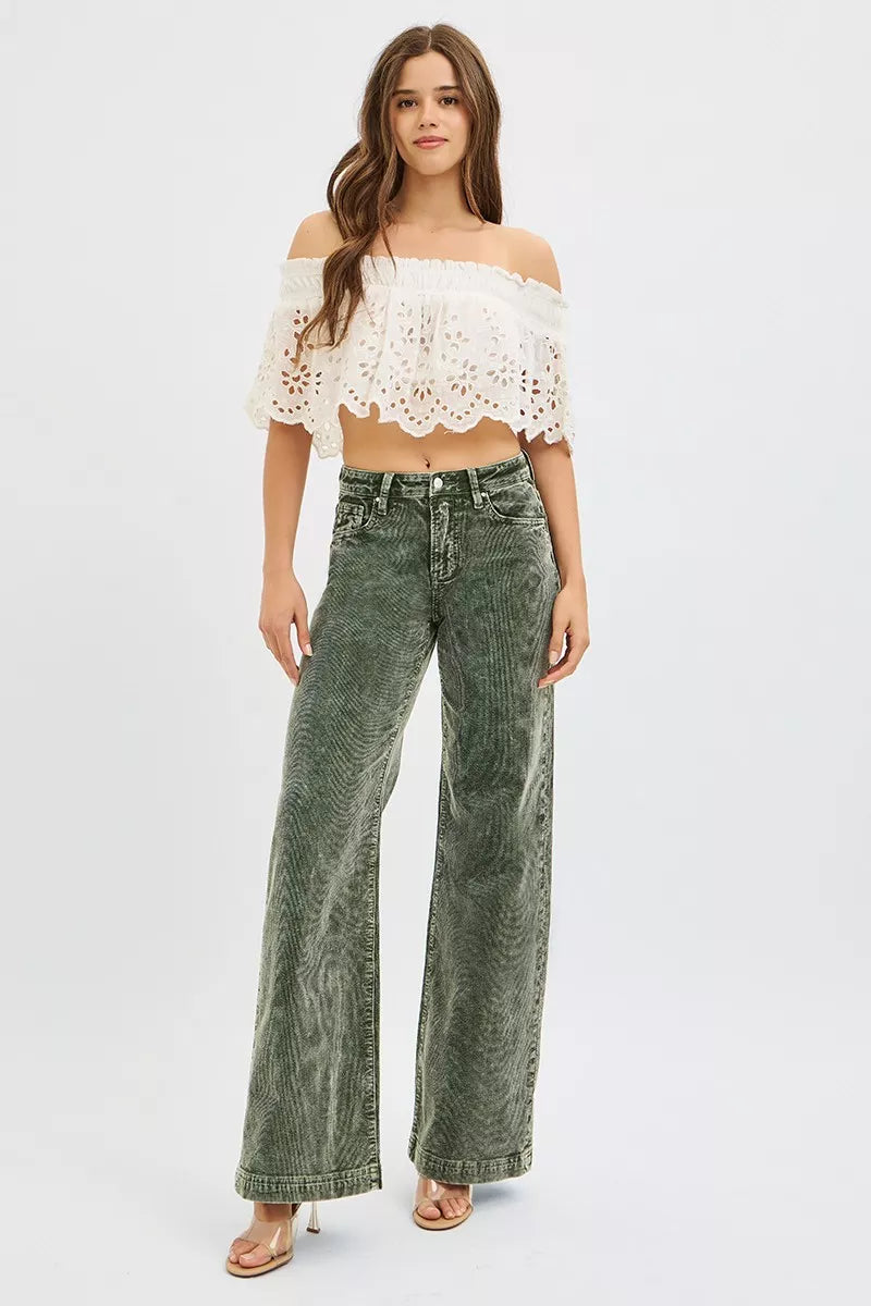 RISEN Full Size High Rise Wide Leg Corduroy Jeans Plus Size | Jeans Daverri Fashions
