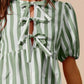 SO ME Front Tie Stripe Puff Sleeves Top and Wide Leg Pants Set Pant Sets