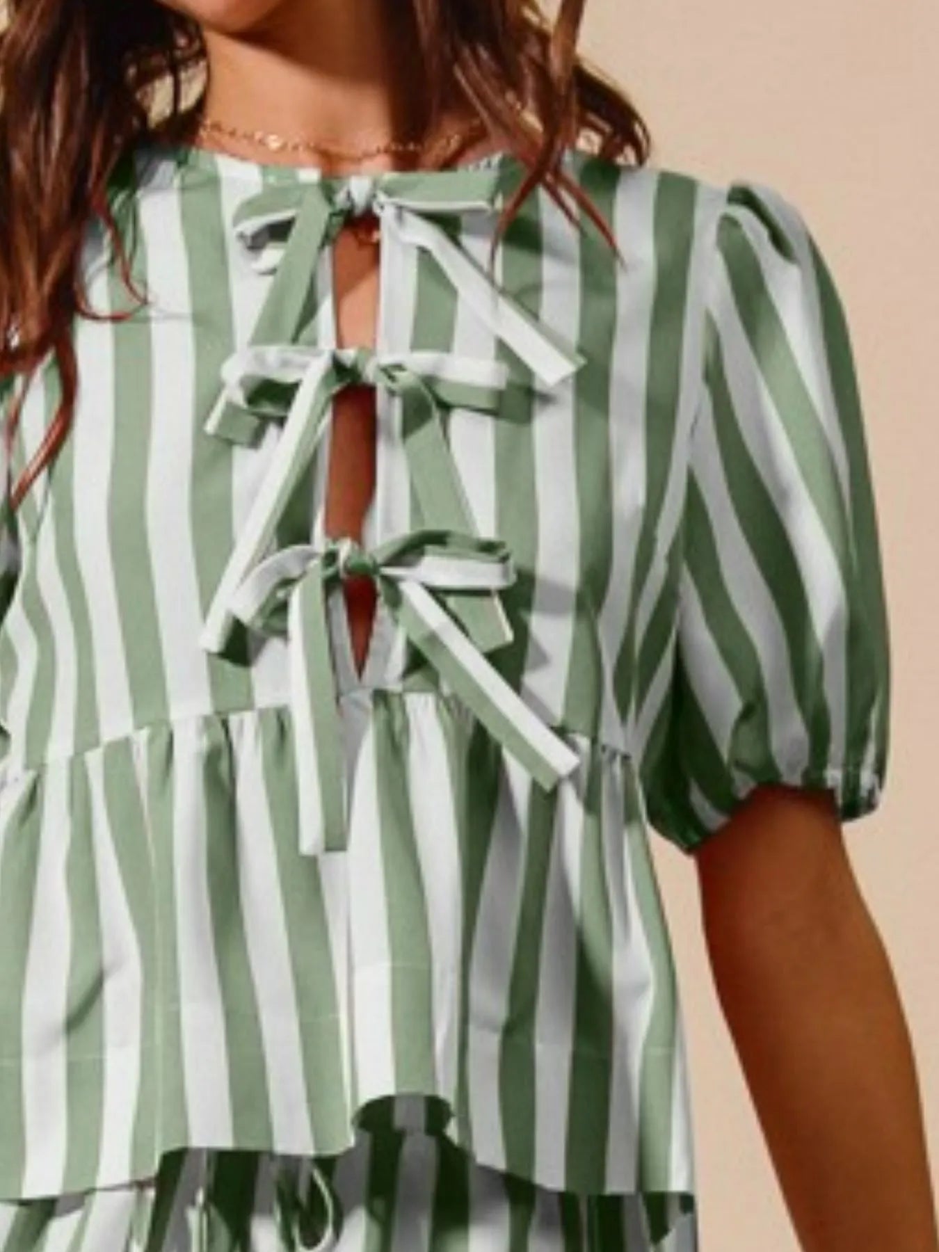 SO ME Front Tie Stripe Puff Sleeves Top and Wide Leg Pants Set Pant Sets