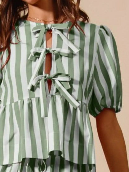 SO ME Front Tie Stripe Puff Sleeves Top and Wide Leg Pants Set - DAVERRI FASHIONS