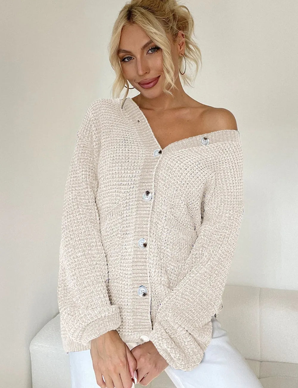 Cream One Size Pocketed V-Neck Button Up Cardigan | Cardigans Daverri Fashions