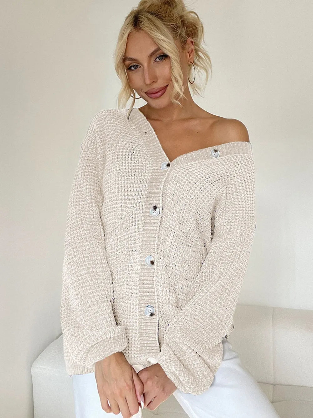 Cream One Size Pocketed V-Neck Button Up Cardigan | Cardigans Daverri Fashions