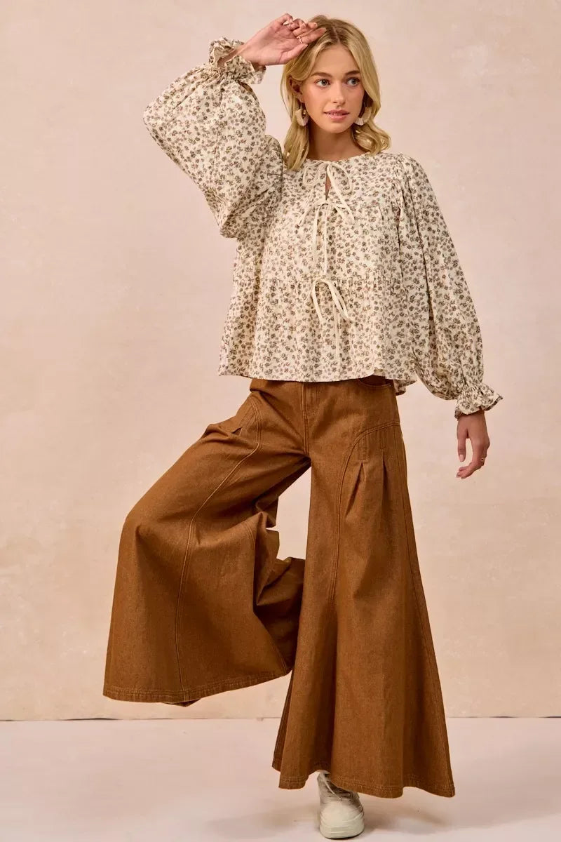 BiBi Floral Printed Peplum Blouse with Shirring and Tied - DAVERRI FASHIONS