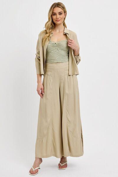 RISEN Shirring Detail Wide Leg Pants - DAVERRI FASHIONS
