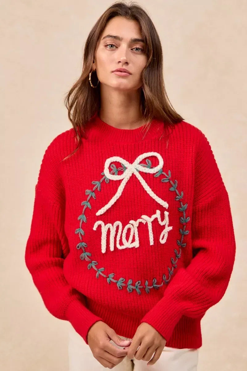 BiBi Christmas Wreath Merry Letter Knit Top - DAVERRI FASHIONS