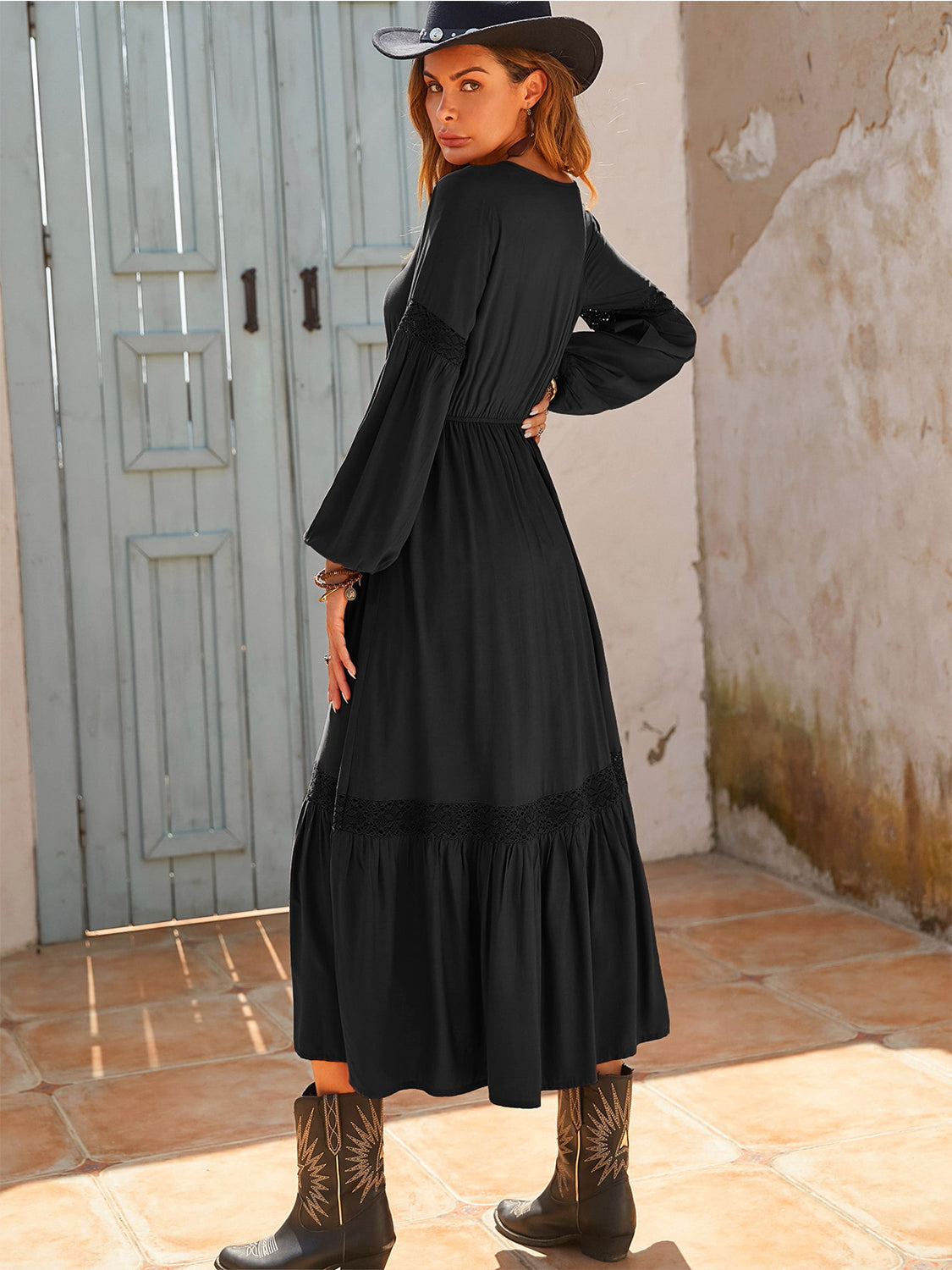 Tie Neck Balloon Sleeve Midi Dress | Midi Dresses Daverri Fashions